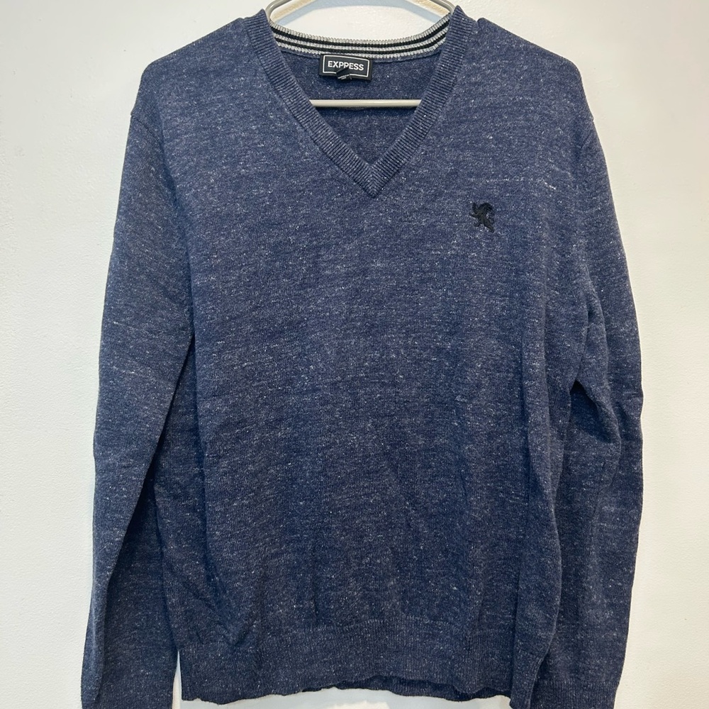 Express Men's Heathered Navy V-Neck Sweater